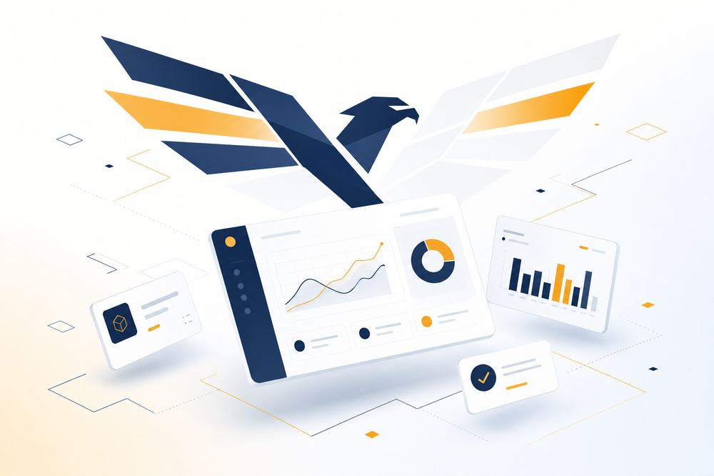 Illustrazione astratta di scrivania e strumenti software del brand Aquilix, nei colori navy e ambra
